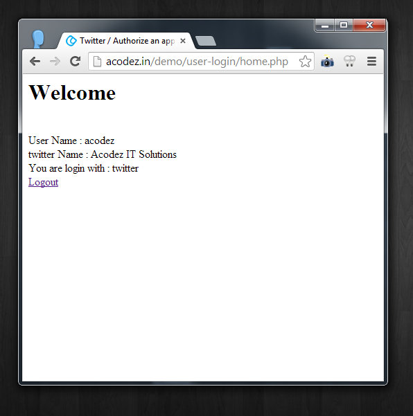  Sign in with Twitter, How to implement Sign in with Twitter, implementing Sign in with Twitter, Logged in Page of Sign in with Twitter