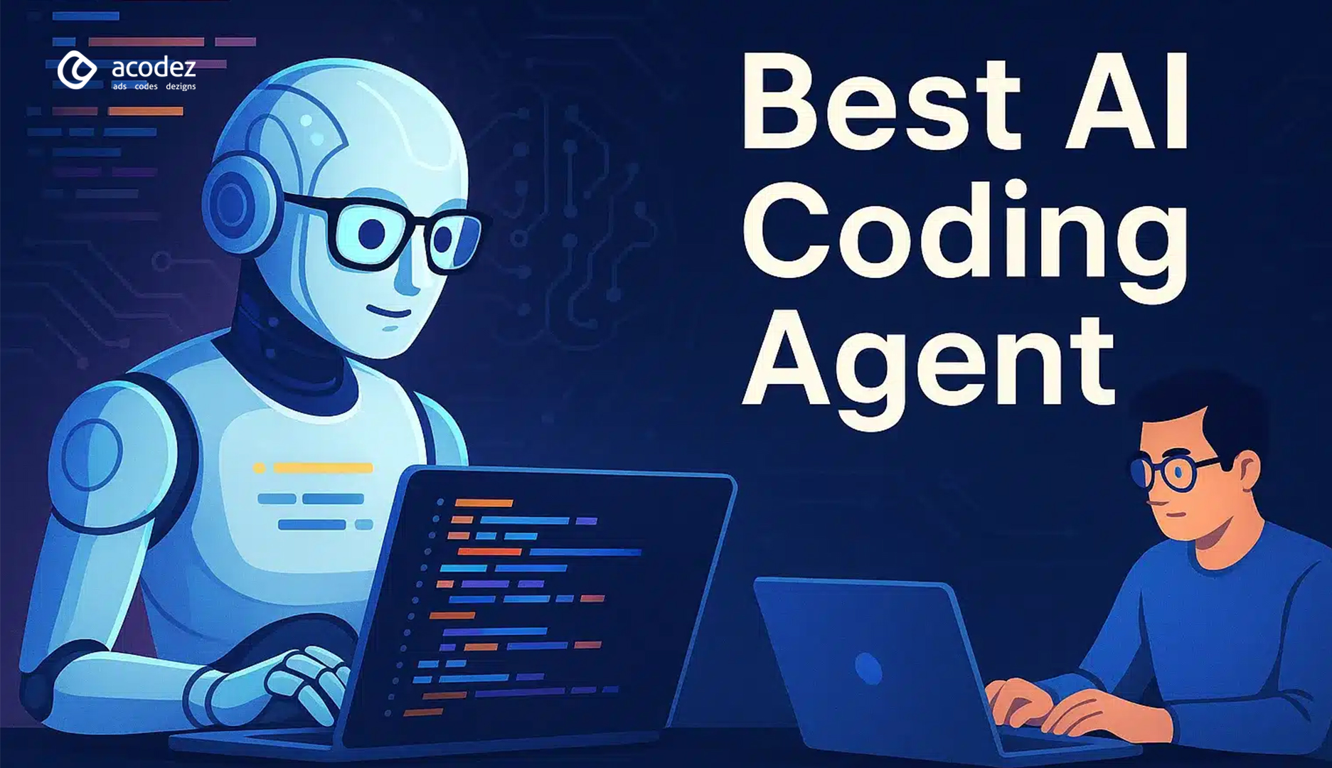 Illustration showing AI and a human developer collaborating with laptops under the title "Best AI Coding Agent."